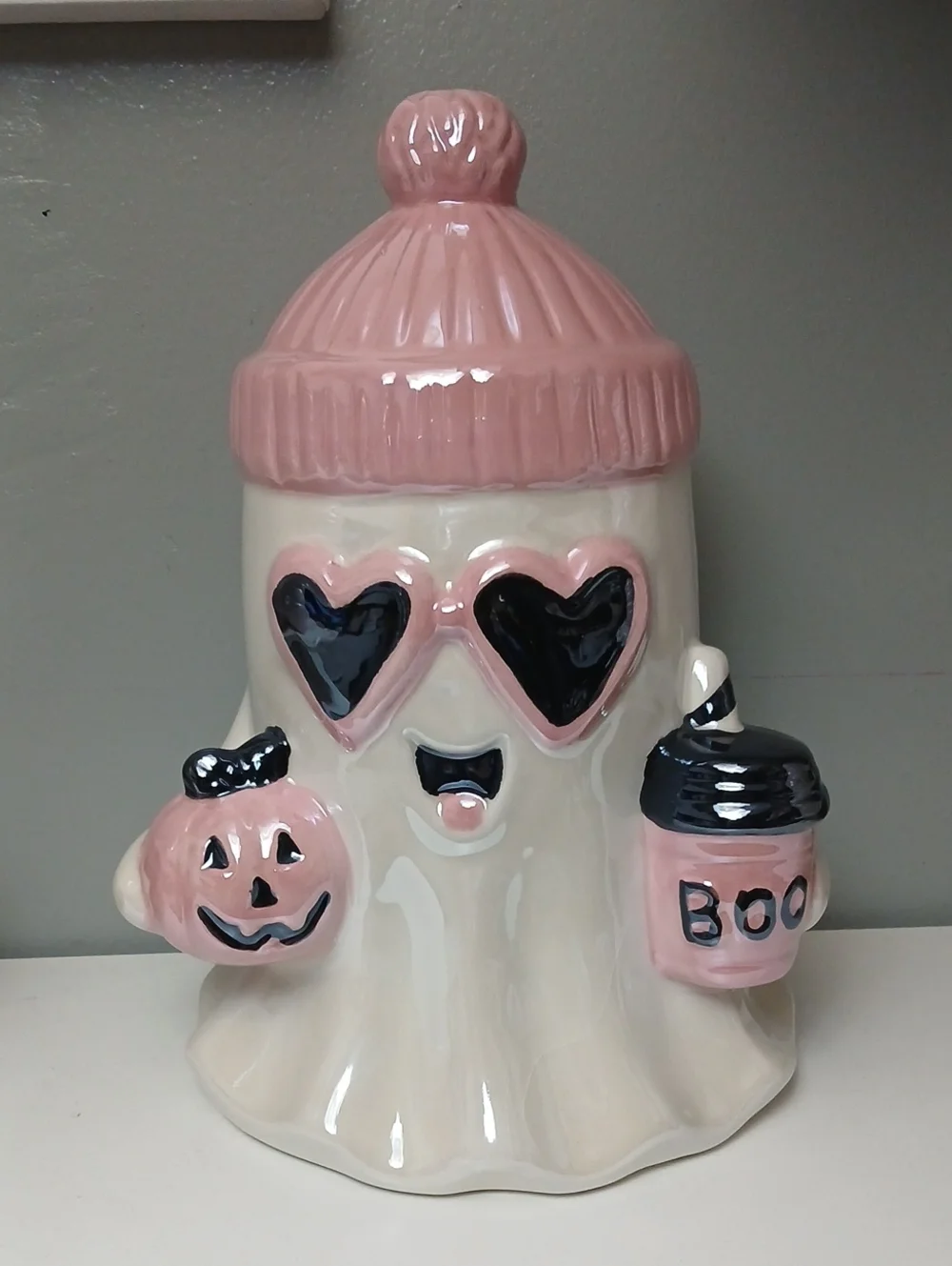 Cute Pink & Cream Halloween Ghost Holding Pumpkin & Boo Drink